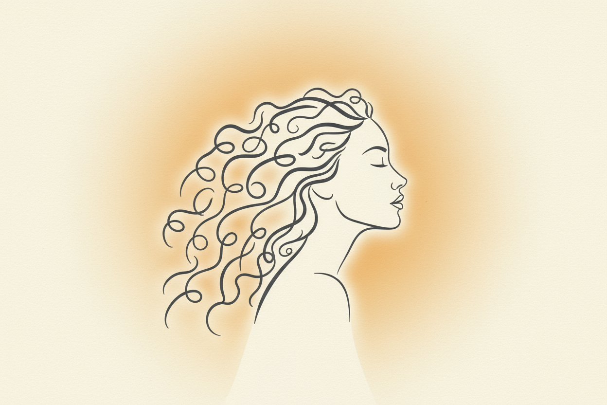silhouette minimaliste d'un visage d'une femme rayonnante aux cheveux bouclés